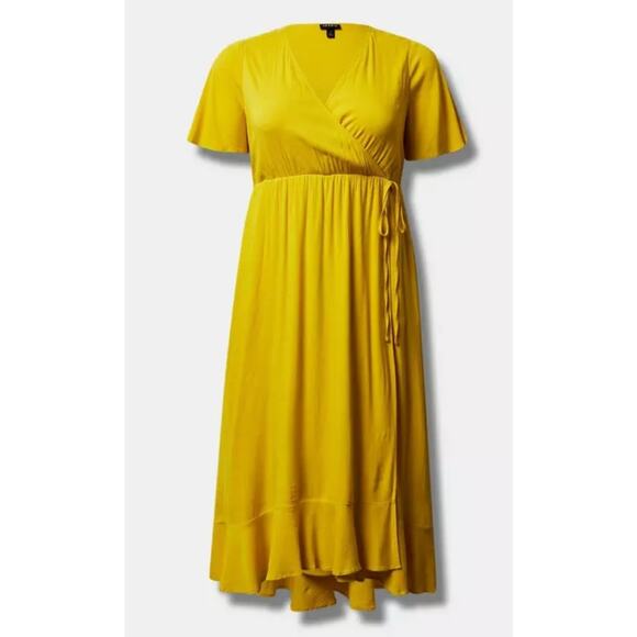 NWT! Torrid Maxi Rayon Slub Surplice Wrap Dress Yellow A-Line Plus Size 3x - Picture 2 of 6